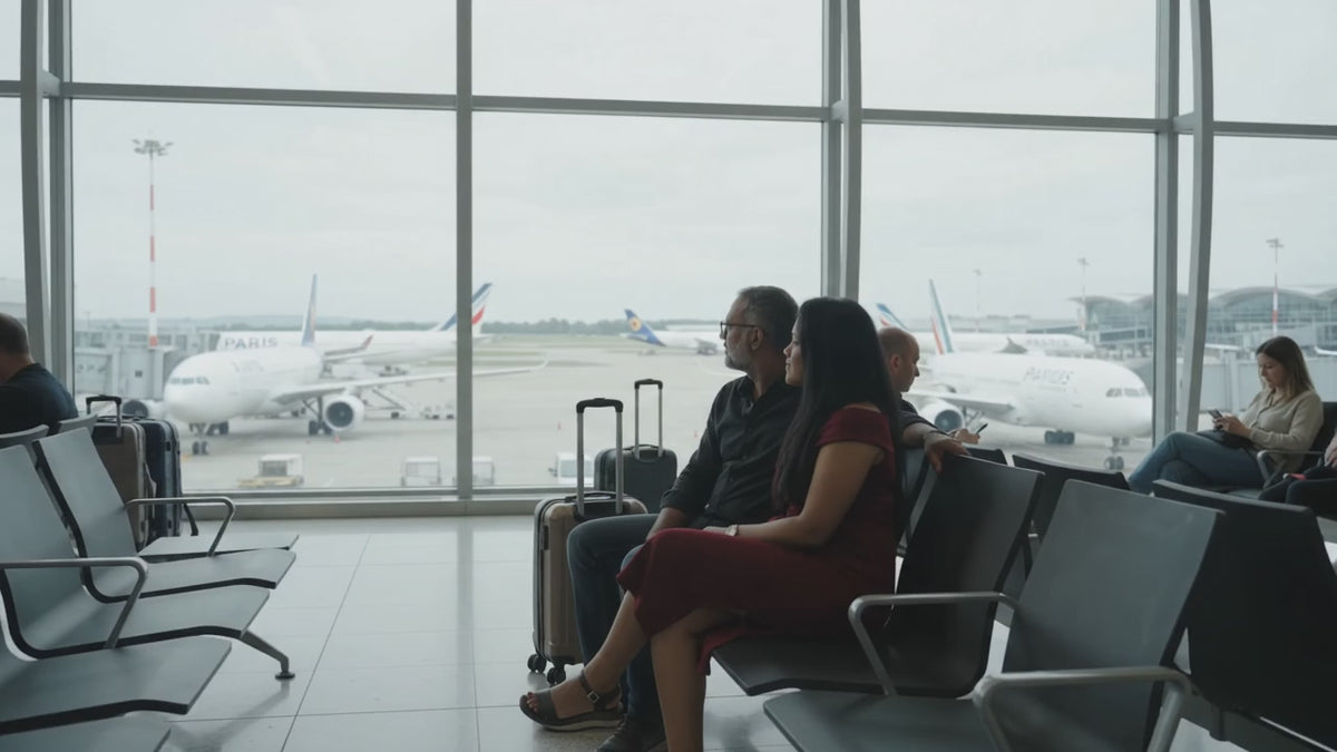 A l'aéroport dans la salle d'emarquement Roissy Charles de Gaulle Paris - MIA ET MATHIEU - Vidéo MP4